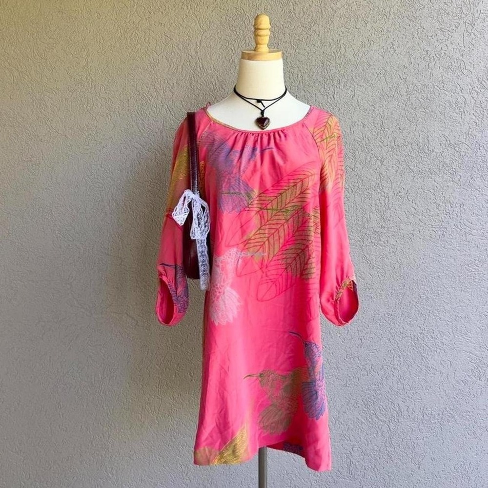 Vintage Tibi 100% Silk Pink Hummingbird Dress Size 6 Resort Vacation